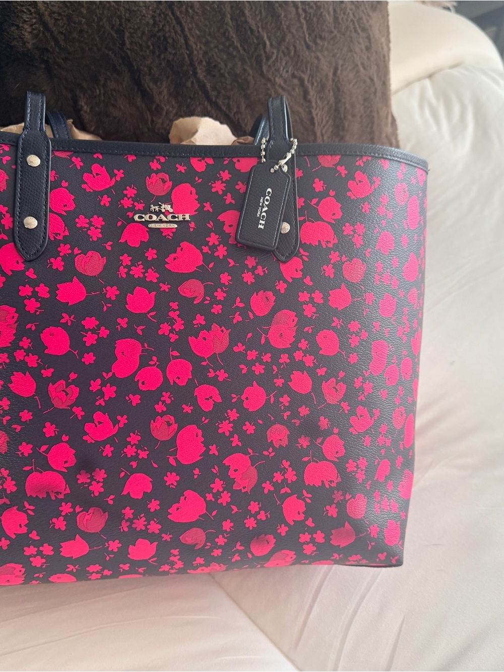 Coach Black Tote with Bright Pink Floral Print
